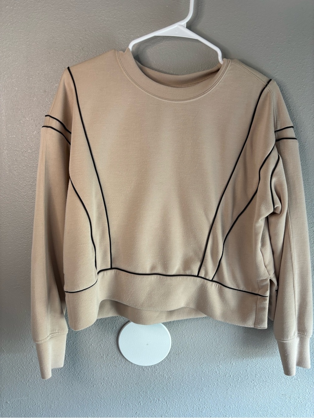Beige Crewneck Sweatshirt with Black Contrast Piping